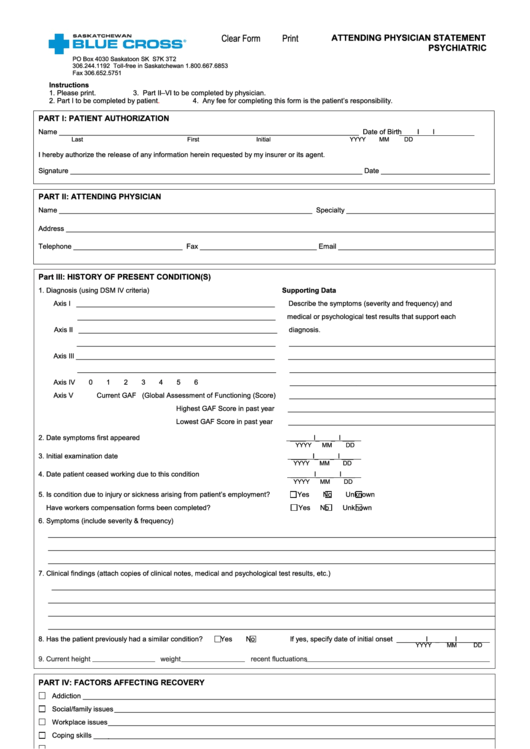 Fillable Psychiatric Attending Physician Statement Form Printable pdf