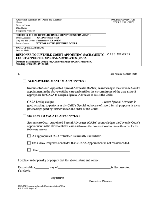 Form Jce-339 - Response To Juvenile Court Appointing Sacramento Court Appointed Special Advocates (Casa) Printable pdf