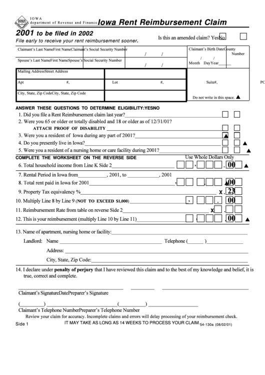 Form 54-130 - Rent Reimbursement Claim - 2001 Printable pdf