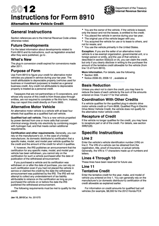 Instructions For Form 8910 - Alternative Motor Vehicle Credit - 2012 Printable pdf