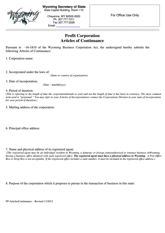 Fillable Profit Corporation Articles Of Continuance Form - Wyoming Secretary Of State - 2012 Printable pdf