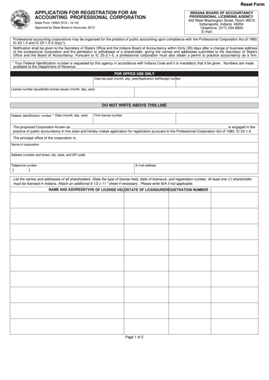 State Form 10555 - Application For Registration For An Accounting Professional Corporation Printable pdf