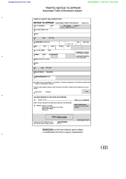 Form Tr-115 - Traffic Notice To Appear - Judicial Council Of California Form Printable pdf