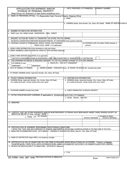 Fillable Dd Form 1299 - Application For Shipment And/or Storage Of ...