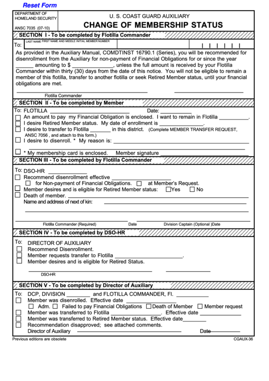Fillable Form Ansc 7035 - Change Of Membership Status Form - Us Coast Guard Auxiliary Printable pdf