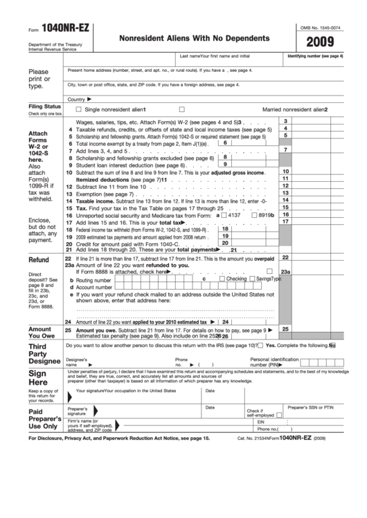Fillable Form 1040nr-Ez - U.s. Income Tax Return For Certain Nonresident Aliens With No Dependents - Dpeartment Of The Treasury Printable pdf