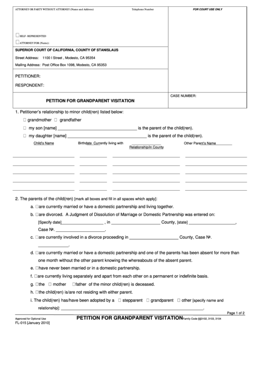 Form Fl-015 - Petition For Grandparent Visitation Form - Superior Court Of California, County Of Stanislaus Printable pdf