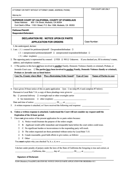Form Fl004 - Declaration Re: Notice Upon Ex Parte Application For Orders - Superior Court Of California, County Of Stanislaus Printable pdf
