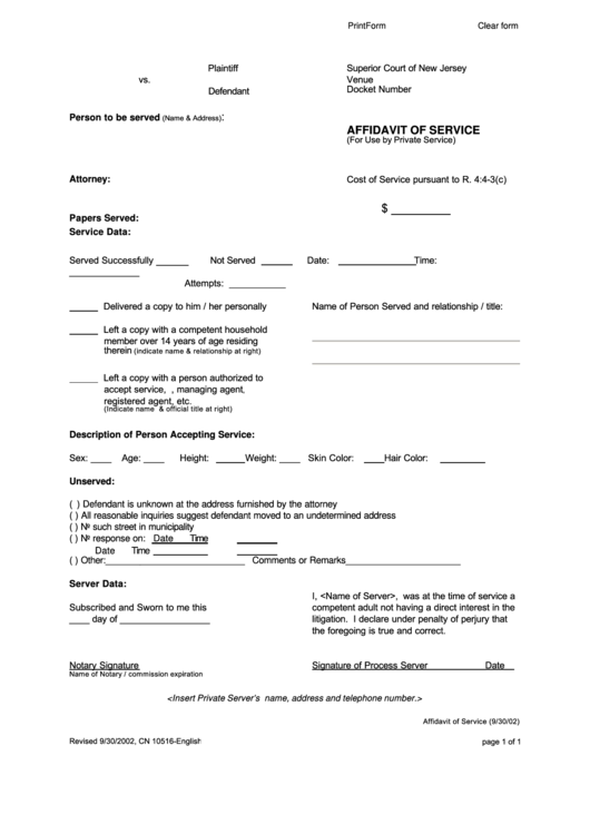 Fillable Affidavit Of Service Form - Superior Court Of New Jersey Printable pdf