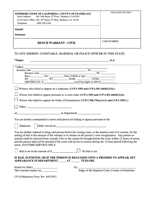 Form Cv 012 - Bench Warrant - Civil - Superior Court Of California, County Of Stanislaus Printable pdf