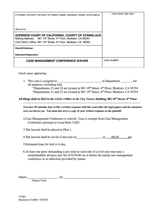 Form Cv001 - Case Management Conference Waiver Form - Superior Court Of California, County Of Stanislaus Printable pdf