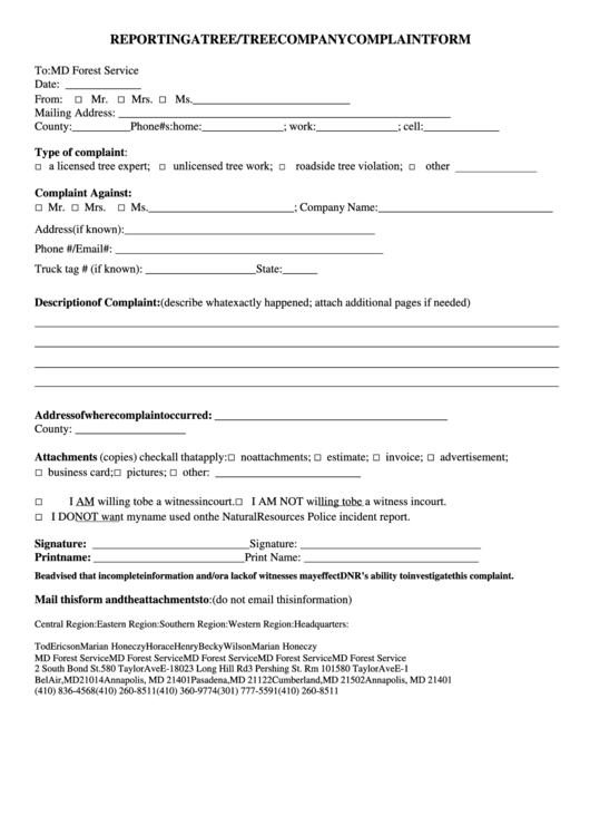 Reporting A Tree/tree Company Complaint Form - Maryland Printable pdf
