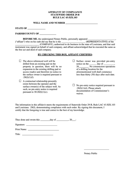 Affidavit Of Compliance Form - Louisiana Printable pdf