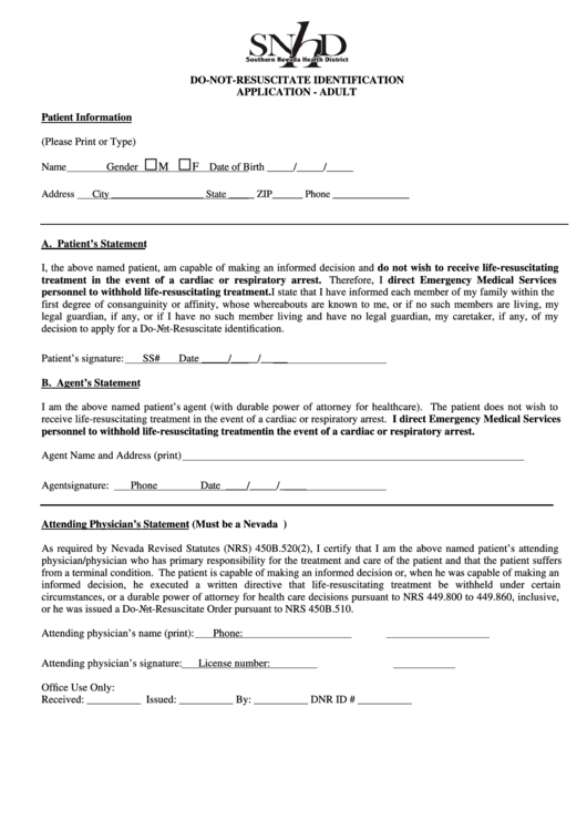 Do-Not-Resuscitate Identification Application - Adult Form - Southern Nevada Health District Printable pdf