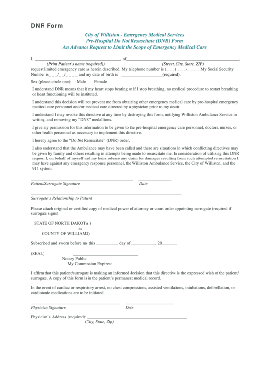 Pre-Hospital Do Not Resuscitate (Dnr) Form Printable pdf