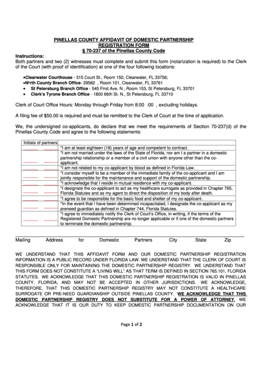 Pinellas County Affidavit Of Domestic Partnership Registration Form Printable pdf