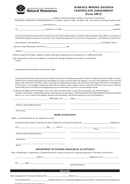 Fillable Form Sm-5 - Surface Mining Savings Certificate Assignment - Washington State Department Of Natural Resources Printable pdf