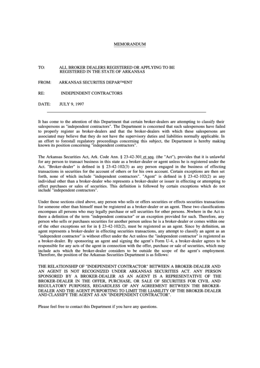 Memorandum For Broker Dealers Registered Or Applying To Be Registered In The State Of Arkansas Template Printable pdf
