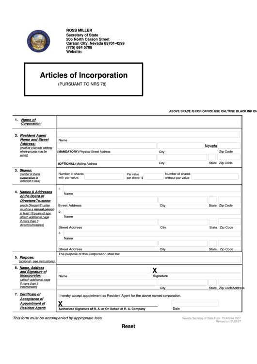 Fillable Articles Of Incorporation Form Printable pdf