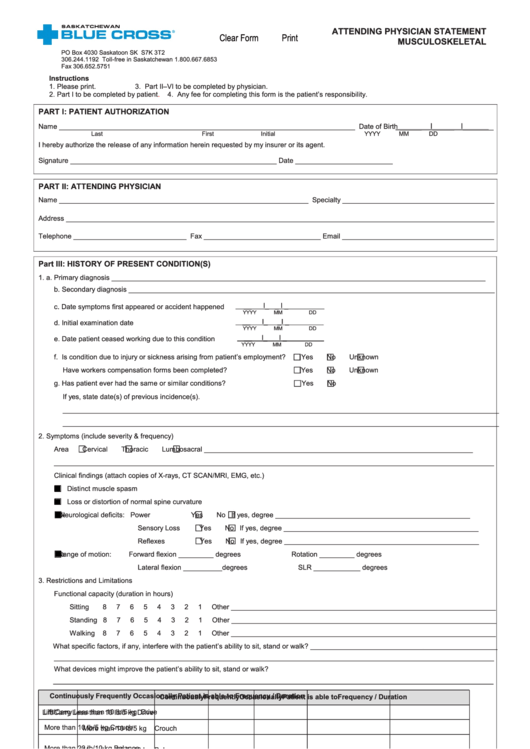 Fillable Musculoskeletal Attending Physician Statement Form Printable pdf
