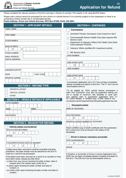 Fillable Application For Refund Form - Government Of Western Australia - Department Of Transport Printable pdf