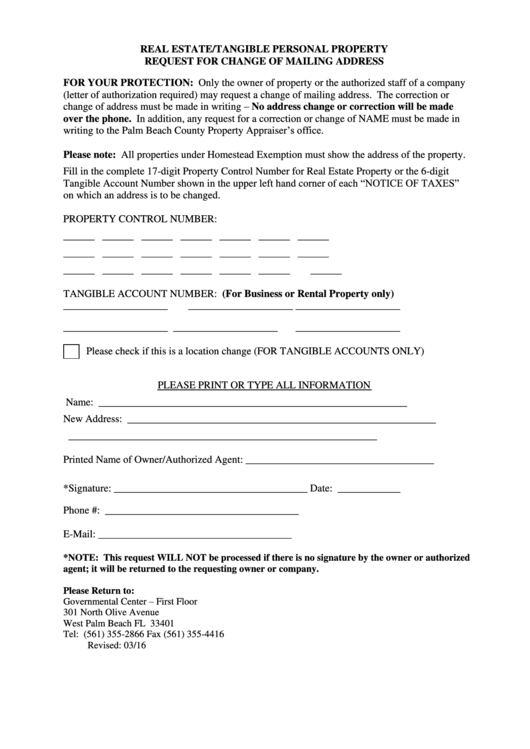 Fillable Real Estate/tangible Personal Property - Request For Change Of Mailing Address Form - Florida Printable pdf