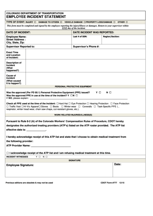 Fillable Cdot Form 777 - Employee Incident Statement - Colorado Department Of Transportation Printable pdf