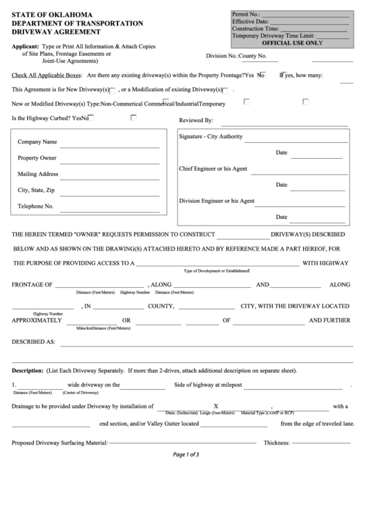 Fillable Form Te-2000 - Driveway Agreement - Oklahoma Department Of Transportation Printable pdf
