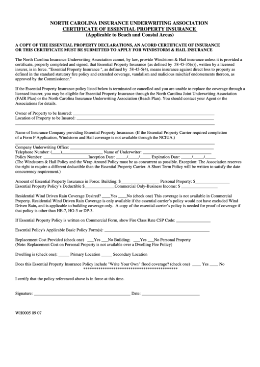 Form Wh0005 - Certificate Of Essential Property Insurance - North Carolina Insurance Underwriting Association Printable pdf