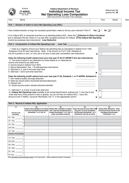 Schedule It-40nol Template - Individual Income Tax Net Operating Loss Computation Printable pdf