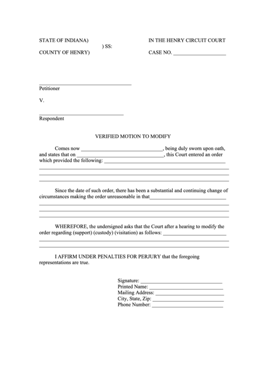 Verified Motion To Modify Form - County Of Henry, Indiana Printable pdf