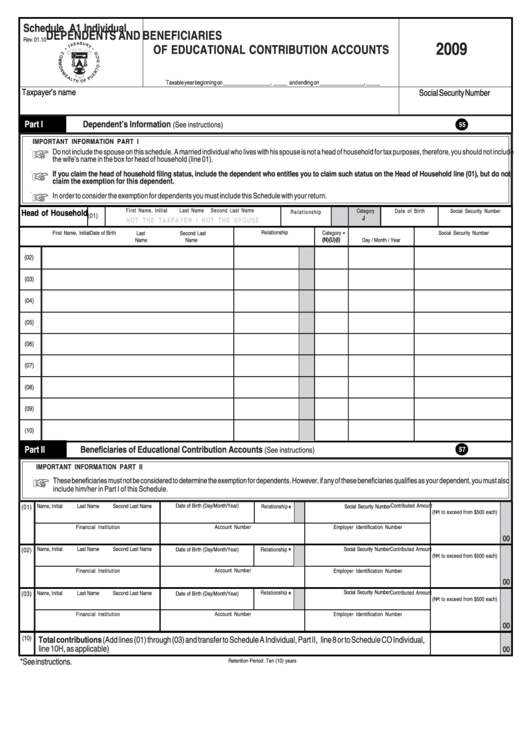Schedule A1 Individual - Dependents And Beneficiaries Of Educational Contribution Accounts - 2009 Printable pdf