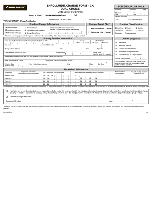 Form 3460 Ca - Enrollment/change Form - Ca Dual Choice Printable pdf