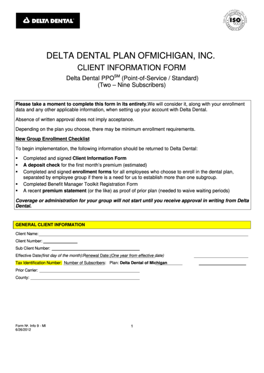 Fillable Delta Dental Client Information Form printable pdf download