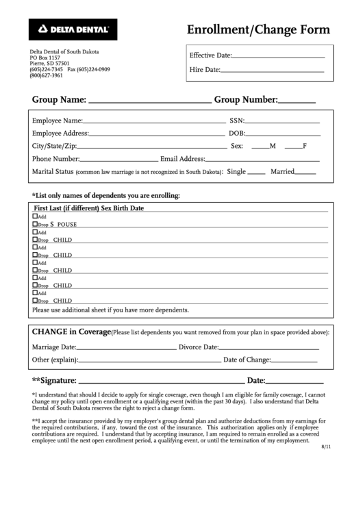Fillable Enrollment Change Form Printable pdf