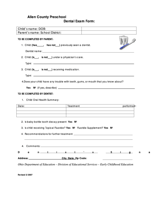 Allen County Dental Exam Form