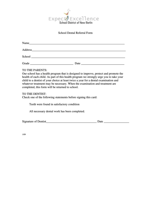 School Dental Referral Form Printable pdf