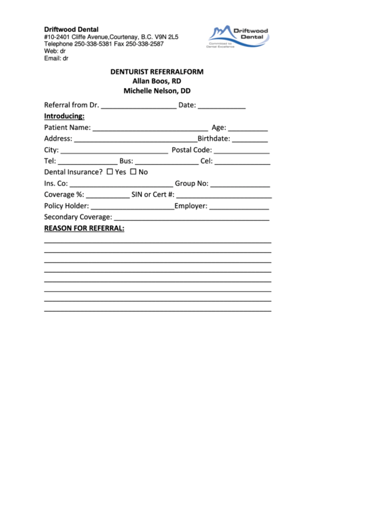 Fillable Denturist Referral Form printable pdf download