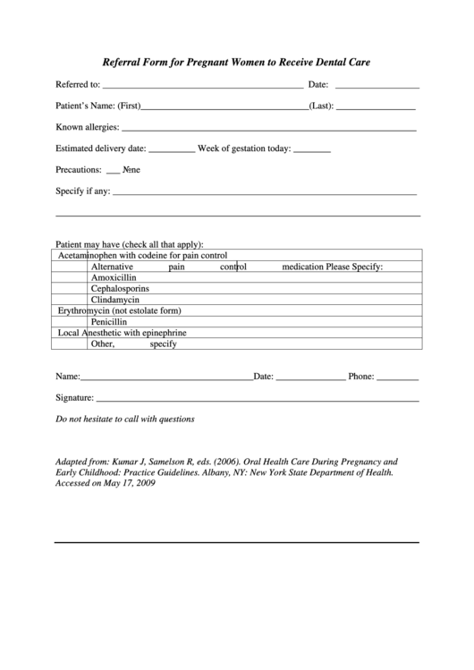 Referral Form For Pregnant Women To Receive Dental Care Printable pdf
