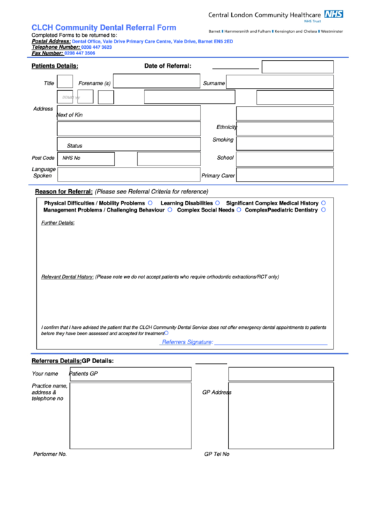 Nhs Clch Community Dental Referral Form Printable pdf