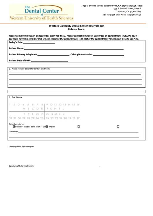 Western University Dental Center Referral Form Printable pdf
