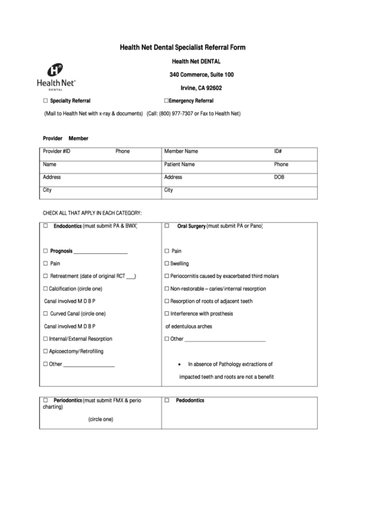 Health Net Dental Specialist Referral Form Printable Pdf Download