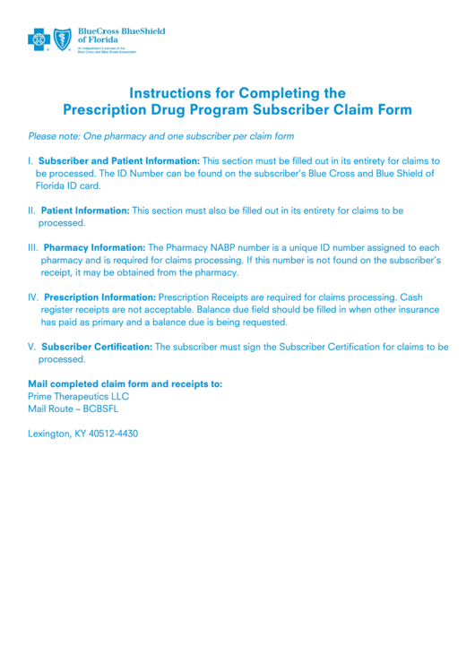 Form Bcbs 13177-1006r Sr - Prescription Drug Program Subscriber Claim Form