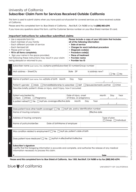 Fillable Subscriber Claim Form For Services Received Outside California Printable pdf