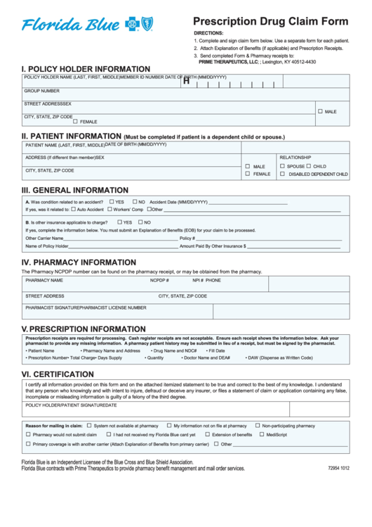 Fillable Prescription Drug Claim Form - Florida Bcbs Printable pdf
