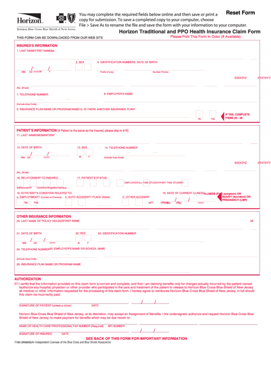 Fillable Form 7190 - Horizon Traditional And Ppo Health Insurance Claim Form Printable pdf