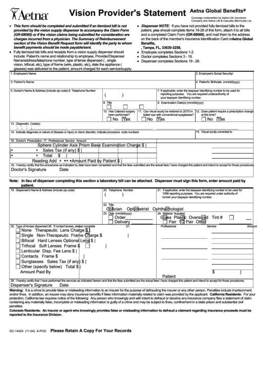 Form Gc-14424 - Aetna Vision Providers Statement Printable pdf
