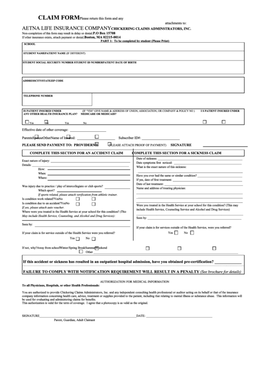 Claim Form - Aetna Life Insurance Company Printable pdf