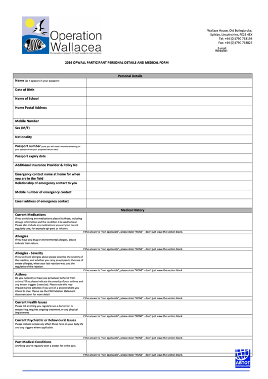 Opwall Participant Personal Details And Medical Form Printable pdf