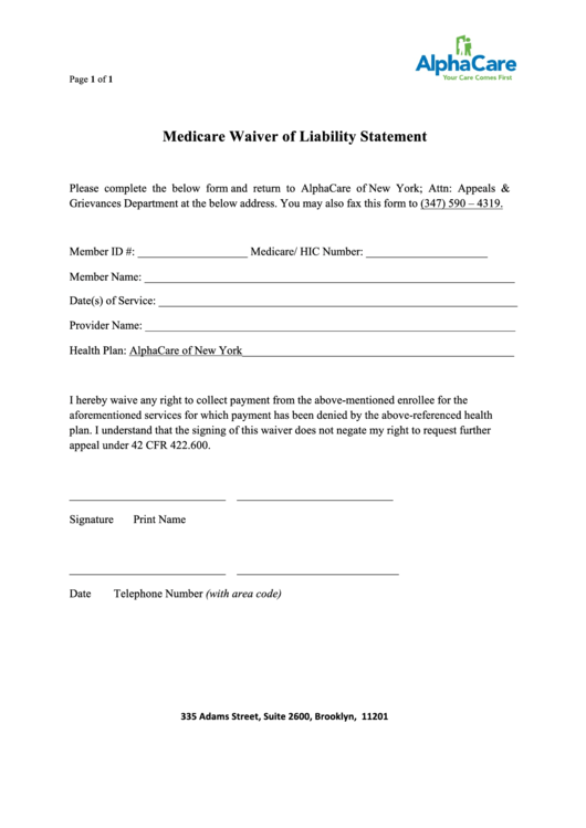 Medicare Waiver Of Liability Statement Template Printable pdf